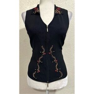 Vintage Kenneth Miller Embroidered Zip Front Knit Top Black Sleeveless Size L